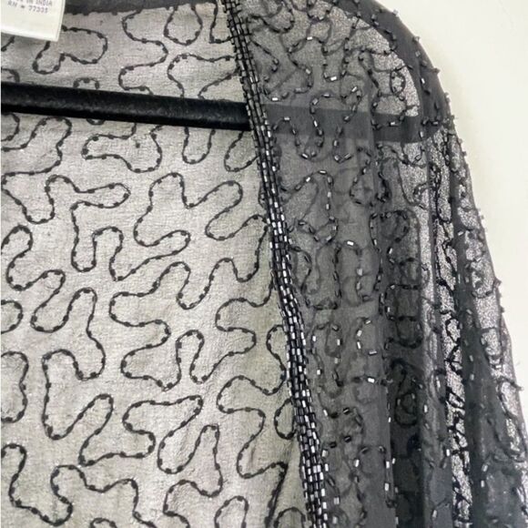 Scala Black Beaded Fringe Sheer Shawl Wrap Boho Jeweled Special Occasion Chic - Picture 2 of 11